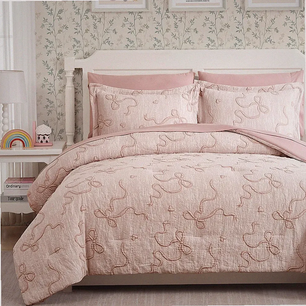 Queen Comforter Set 7 Pieces Bowknot Jacquard Blush Pink Bedding Geniospin Sets
