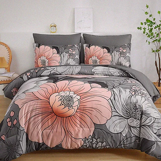 Queen Comforter Set 7 Pieces Grey Floral Comforter Set Queen Size Bed in a Ba...