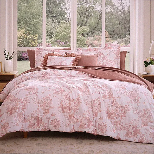 Queen Comforter Set -7 Pieces Pink Floral Comforter Set for All Seasons, Bed in