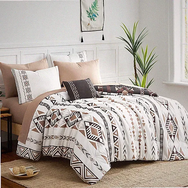 Queen Comforter Set 7 Pieces Reversible Bedding Aztec Brown Boho_Brown_Q Western