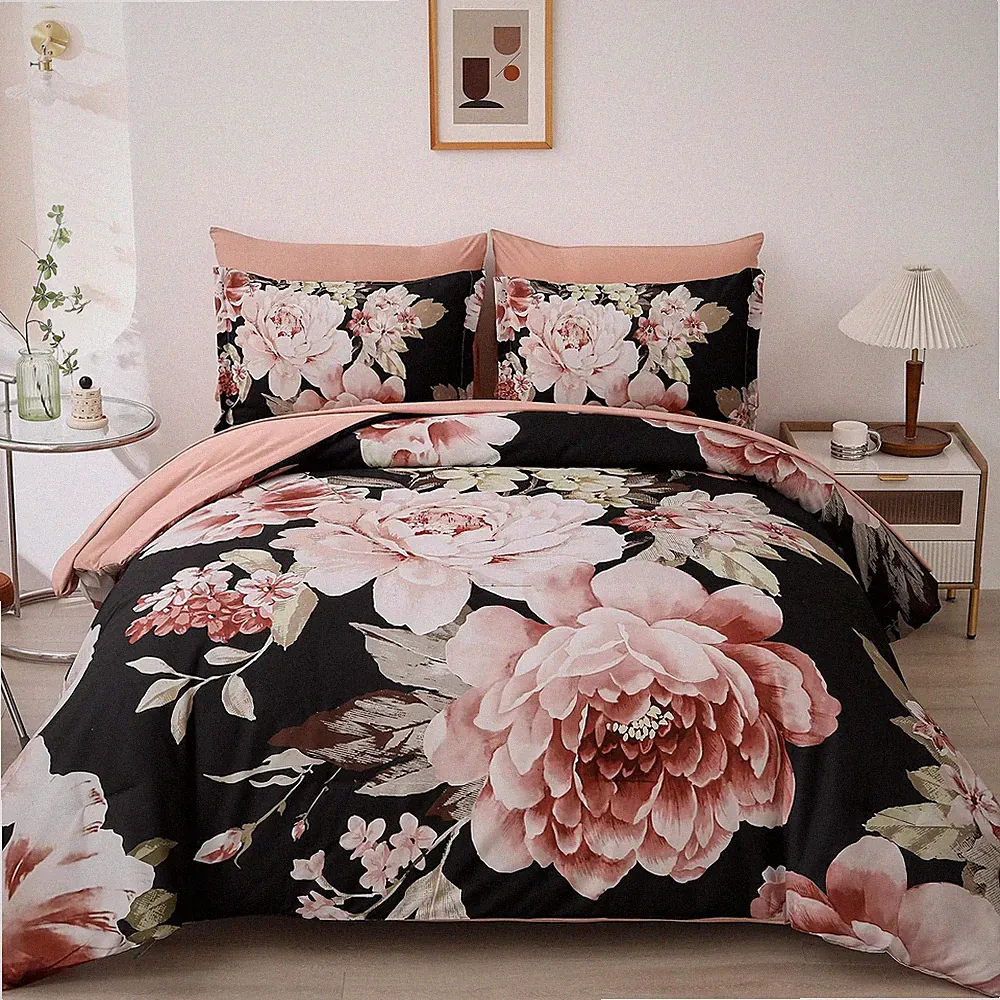 Queen Comforter Set Black 7 Pieces Bed in a Bag, Pink Floral Bedding Sets Ele...