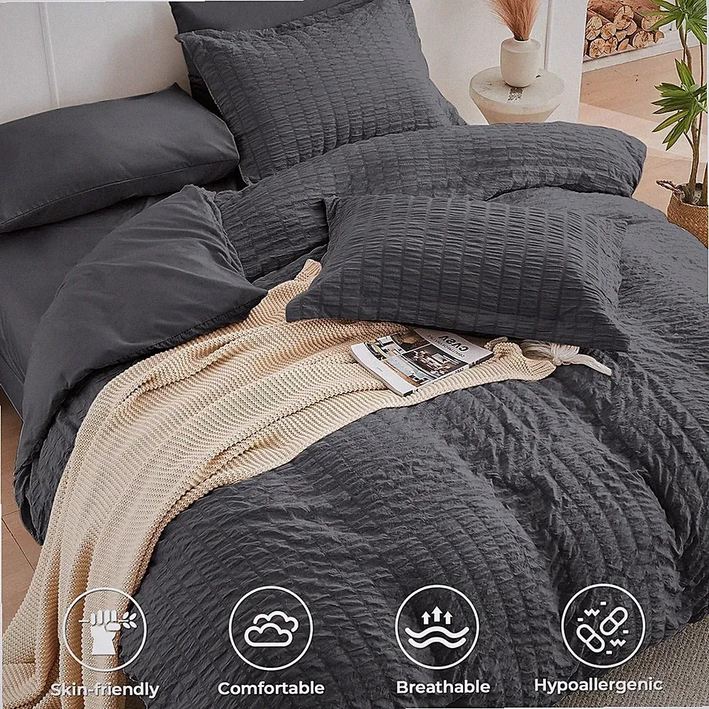 Queen Comforter Set Seersucker 7 Pieces with Sheets Pillowcases Shams Dark Grey