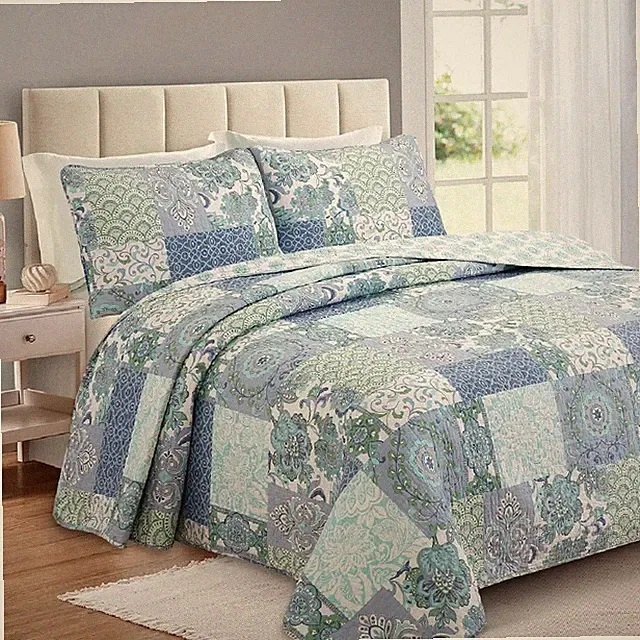 Quilt Set Queen Patchwork Floral Blue Green Reversible Cotton Bedding Cover