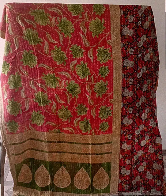 Reversiable Kantha Quilt Indian Handmade Bedding Bedspread Quilt Coverlet Throw