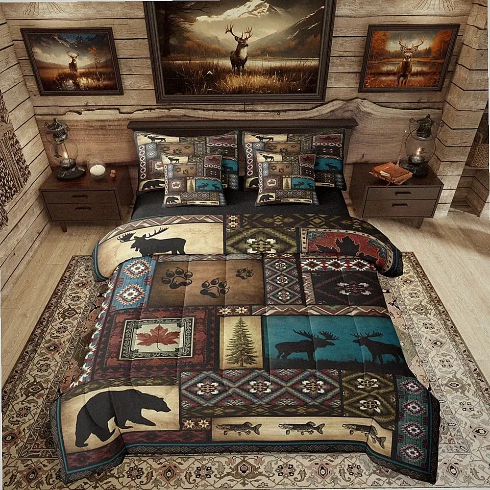Rustic Cabin 7 Pieces Bedding Set Queen Size,Hunting Bear Deer Bed in a Bag,Sout