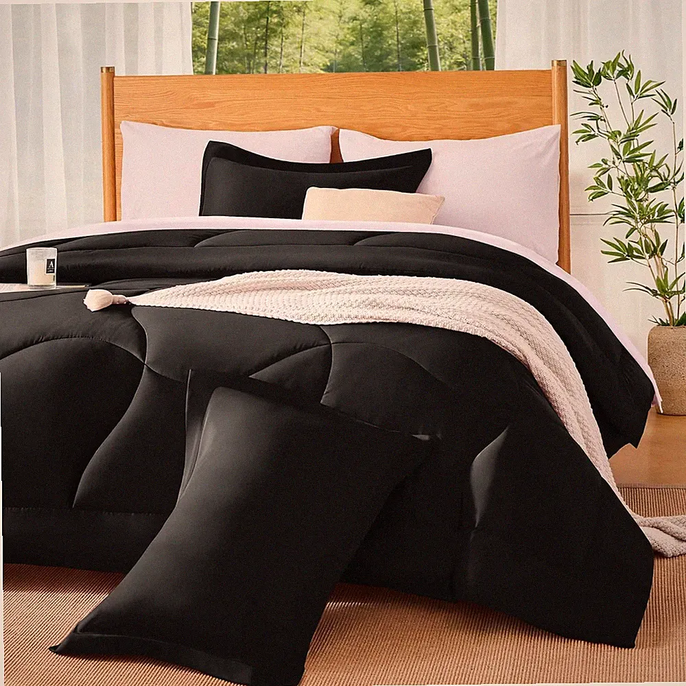 Silky Smooth King Size Comforter Set, Breathable Bamboo Blend, Black 3-Piece