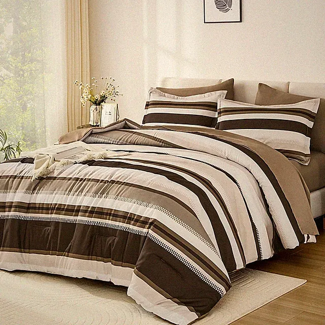 Size Comforter 7 Pieces Comforter Set with Sheets, Striped Bed in a King Brown