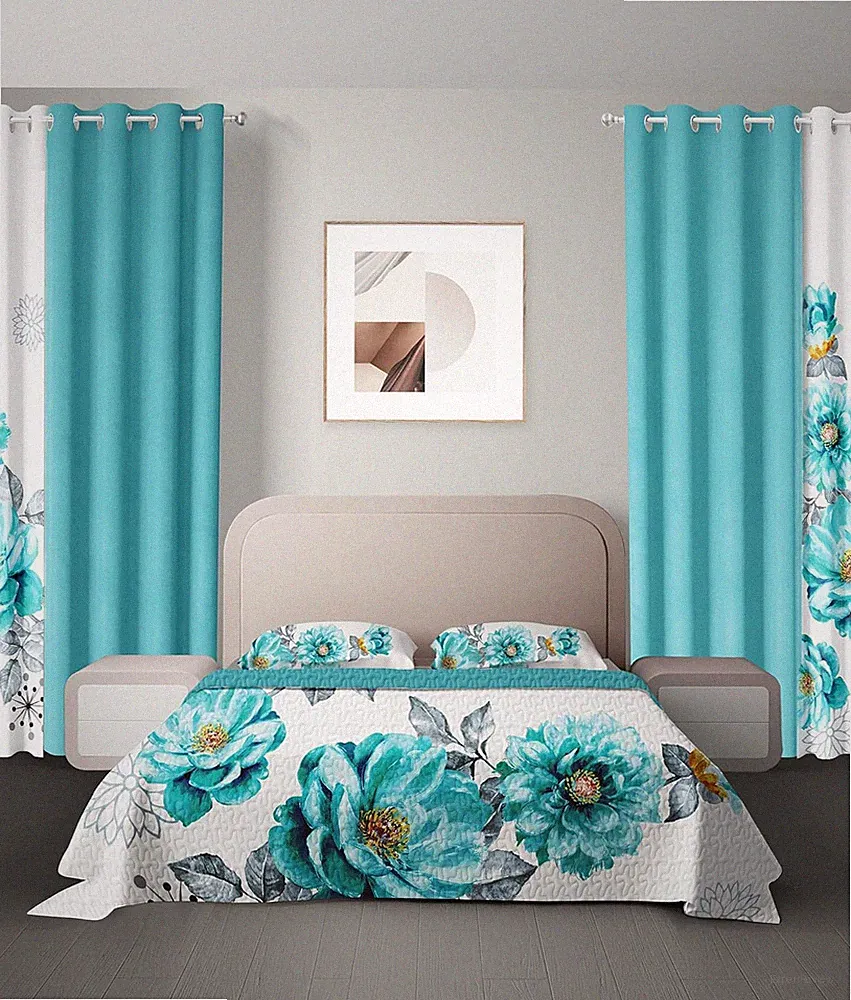 Teal Floral Queen Bed in a Bag Set with Curtains - 9 Pieces, Silky Soft