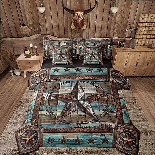 Teal West Texas Star 7 Pieces Bedding Set Queen Size Western Aztec Comforter Set