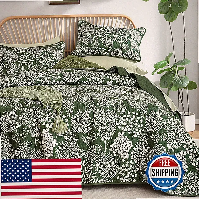 Wongs Bedding Botanical Quilt Set Queen Size Green Bedspread 2 Pieces